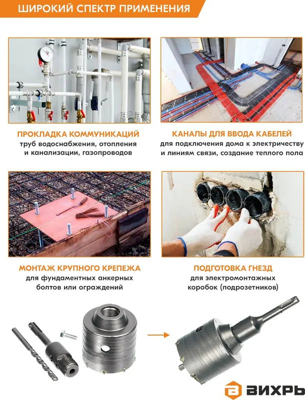 Коронка Вихрь М22 х 68 (73/10/9/1) по бетону (1пред.) для шуруповертов/дрелей