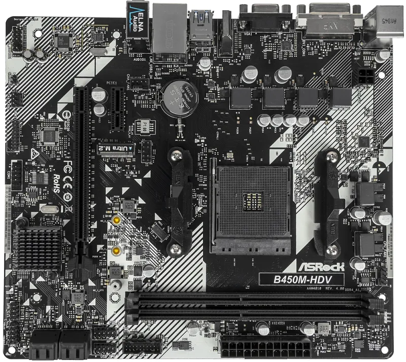Материнская плата ASROCK B450M-HDV R4.0, AM4, B450, 4*DDR4, HDMI+D-Sub+DVI, 4xSATA3 6.0, M.2 Socket, 4xUSB 3.1, 2xUSB 2.0, mATX; 90-MXB9N0-A0UAYZ