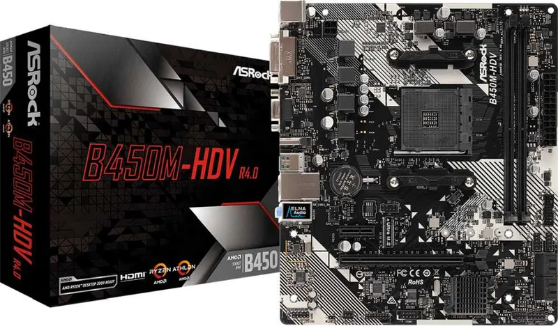 Материнская плата ASROCK B450M-HDV R4.0, AM4, B450, 4*DDR4, HDMI+D-Sub+DVI, 4xSATA3 6.0, M.2 Socket, 4xUSB 3.1, 2xUSB 2.0, mATX; 90-MXB9N0-A0UAYZ