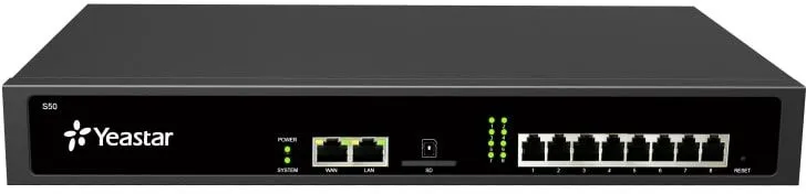 YEASTAR IP-АТС на 50 абонентов и 25 одновременных вызовов, позволяет подключать аналоговые линии/телефоны, линии BRI и GSM-линию посредством дополнительных модулей, поддерживает протоколы MFC R2, SS7,