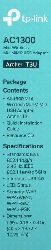 TP-Link Archer T3U, AC1300 Двухдиапазонный мини Wi-Fi USB адаптер, до 400 Мбит/с на 2,4 ГГц + до 867 Мбит/с на 5 ГГц, USB 3.0ОСОБЕННОСТИ: MU-MIMO