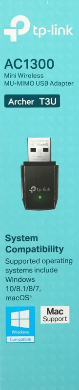 TP-Link Archer T3U, AC1300 Двухдиапазонный мини Wi-Fi USB адаптер, до 400 Мбит/с на 2,4 ГГц + до 867 Мбит/с на 5 ГГц, USB 3.0ОСОБЕННОСТИ: MU-MIMO