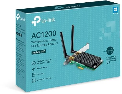 TP-Link Archer T4E, AC1200 Двухдиапазонный Wi-Fi адаптер PCI Express, до 300 Мбит/с на 2,4 ГГц + до 867 Мбит/с на 5 ГГц, 2 внешние антенны с высоким коэффициентом усиления