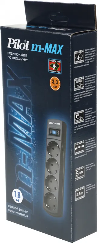 Сетевой фильтр Pilot m-MAX 1.8м (4 розетки) серый (коробка)