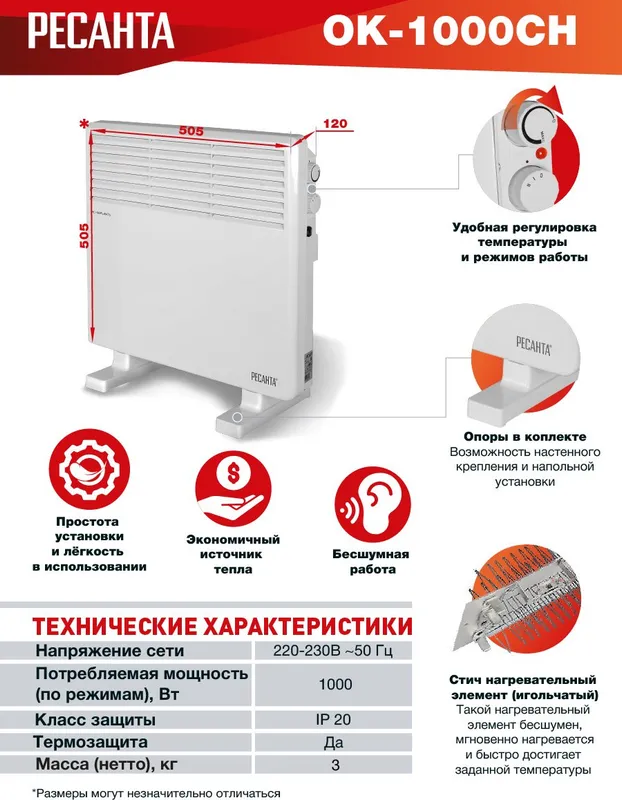 Конвектор Ресанта ОК-1000СН 1000Вт белый