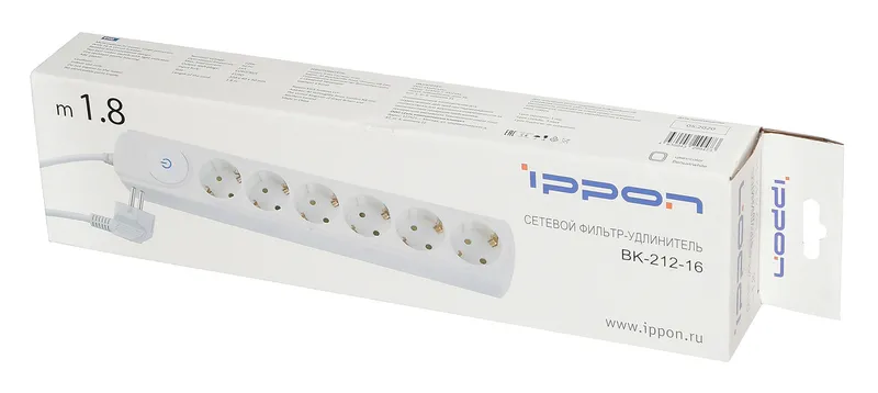 Сетевой фильтр Ippon BK212-16 1.8м (6 розеток) белый (коробка)