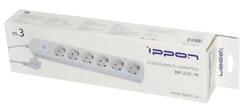 Сетевой фильтр Ippon BK232-16 3м (6 розеток) белый (коробка)
