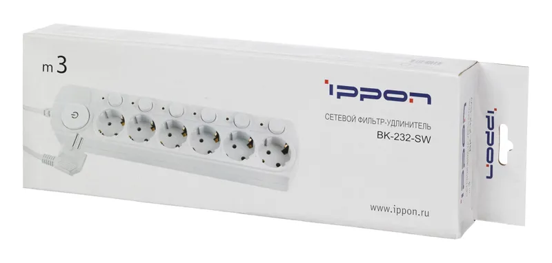 Сетевой фильтр Ippon BK232-SW 3м (6 розеток) белый (коробка)