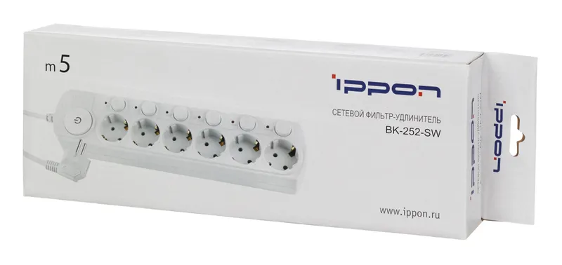 Сетевой фильтр Ippon BK252-SW 5м (6 розеток) белый (коробка)