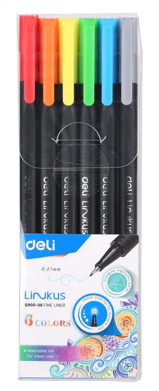 Набор ручек капилляр. Deli Linkus (EQ900-06) d=0.45мм ассор. черн. игловидный пиш. наконечник линия 0.45мм 6цв.