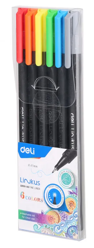 Набор ручек капилляр. Deli Linkus (EQ900-06) d=0.45мм ассор. черн. игловидный пиш. наконечник линия 0.45мм 6цв.