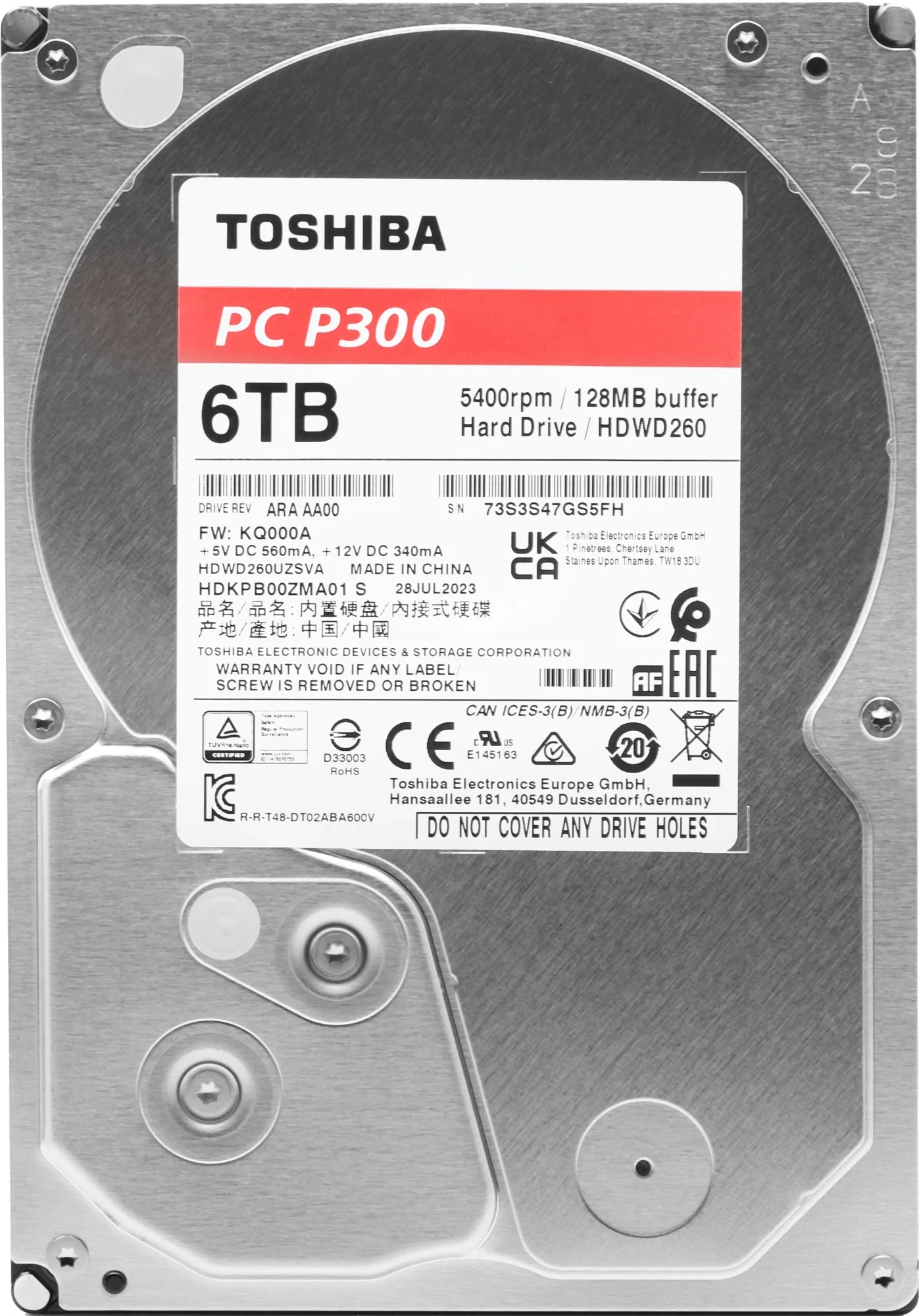 Жесткий диск Toshiba SATA-III 6TB HDWD260UZSVA Desktop P300 4KN (5400rpm) 128Mb 3.5"