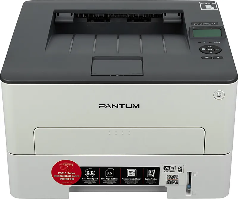 Лазерный монохромный принтер Pantum P3010DW, Printer, Mono laser, A4, 30 ppm (max 60000 p/mon), 350 MHz, 1200x1200 dpi, 128 MB RAM, Duplex, paper tray 250 pages, USB, LAN, WiFi, start. cartridge 1000 pages (grey)