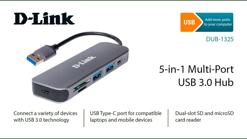 Концентратор USB D-Link DUB-1325/A1A, 2-port USB 3.0, USB Type-C port, SD and microSD card slots Hub.2 downstream USB type A (female) ports, 1 downstream USB type C (female) port, 1 upstream USB type A (male), 1 SD