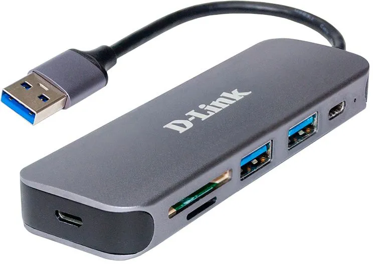 Концентратор USB D-Link DUB-1325/A1A, 2-port USB 3.0, USB Type-C port, SD and microSD card slots Hub.2 downstream USB type A (female) ports, 1 downstream USB type C (female) port, 1 upstream USB type A (male), 1 SD