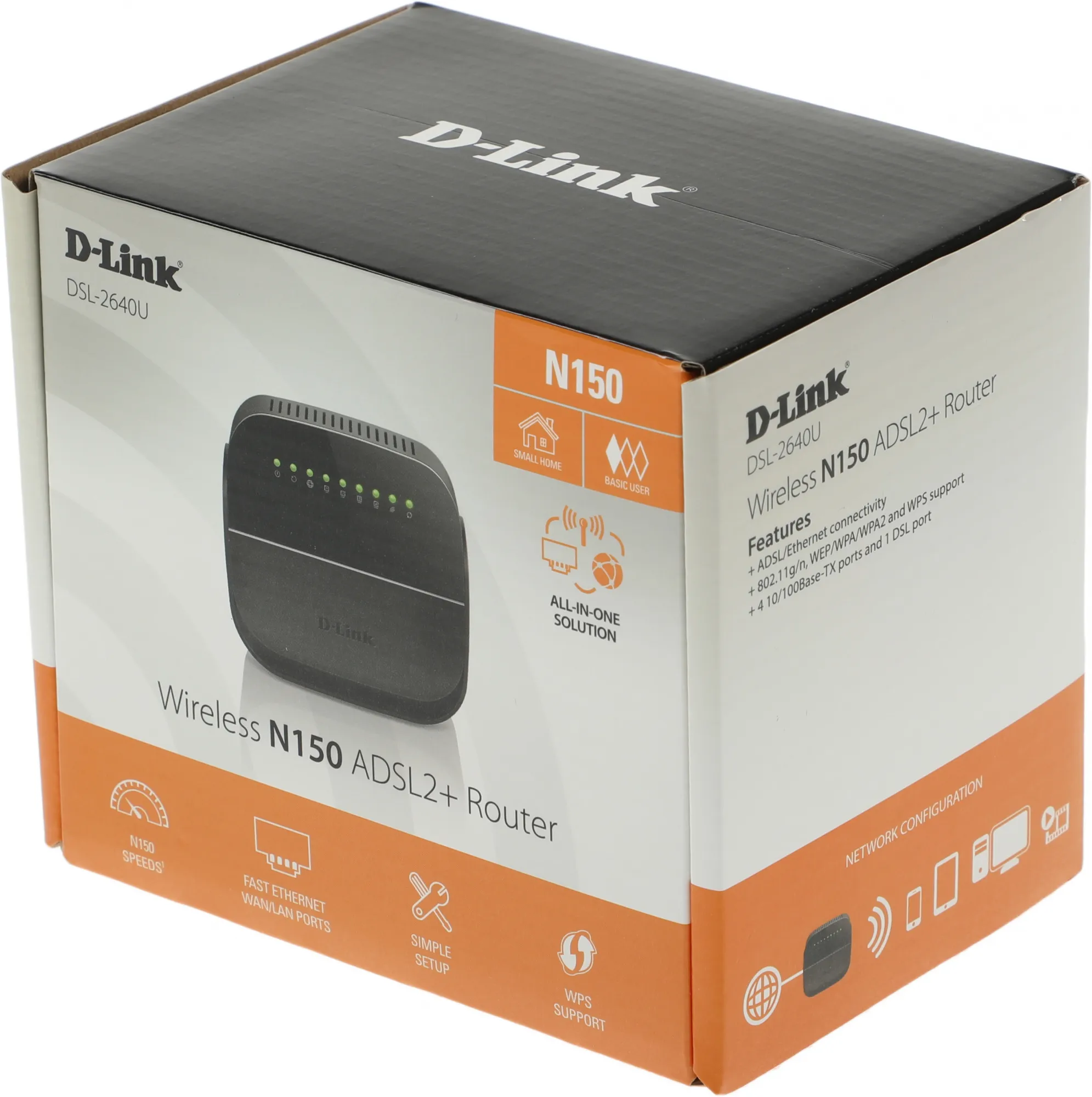 Маршрутизатор D-Link ADSL2+ N150 Wi-Fi Router, 4x100Base-TX LAN, 1x3dBi internal antenna, Annex A, DSL port, Ethernet WAN support