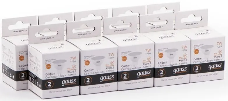 Лампа светодиодная Gauss Elementary MR16 7Вт цок.:GU5.3 спот 220B 3000K св.свеч.бел.теп. MR16 (упак.:10шт) (13517)