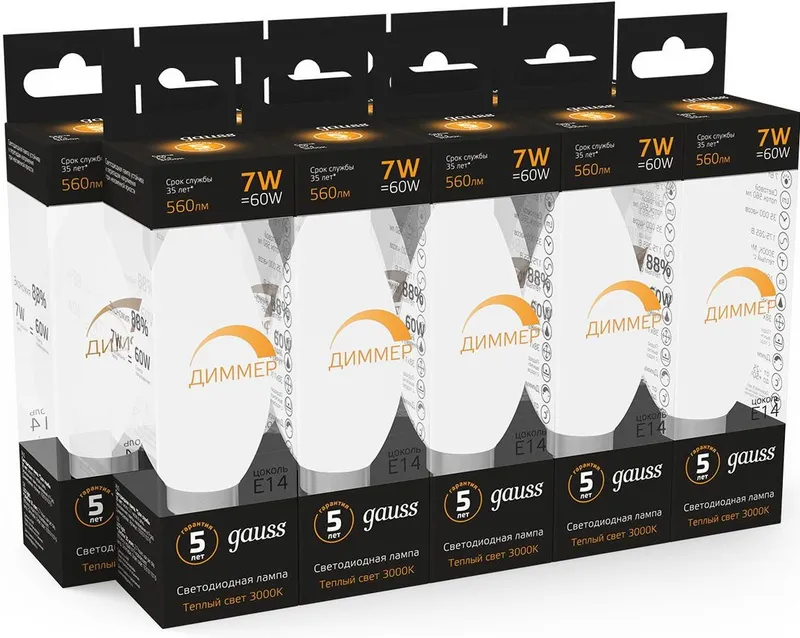 Лампа светодиодная Gauss E14 7Вт цок.:E14 свеча 220B 3000K св.свеч.бел.теп. C37 (упак.:10шт) (103101107-D)