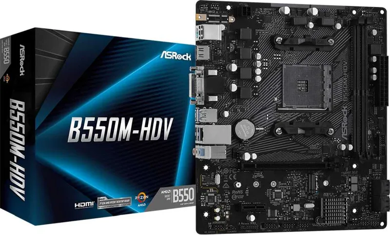 Материнская плата ASROCK B550M-HDV, AM4, B550, 2*DDR4, D-Sub+DVI-D+HDMI, 4xSATA3 6.0 (RAID), M.2 Socket, 4xUSB 3.2,  2xUSB 2.0, mATX; 90-MXBDJ0-A0UAYZ