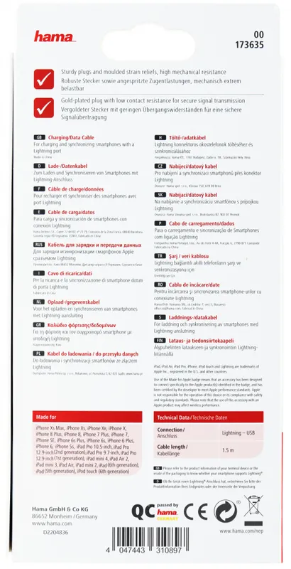 Кабель Hama 00173635 USB (m)-Lightning (m) 1.5м черный