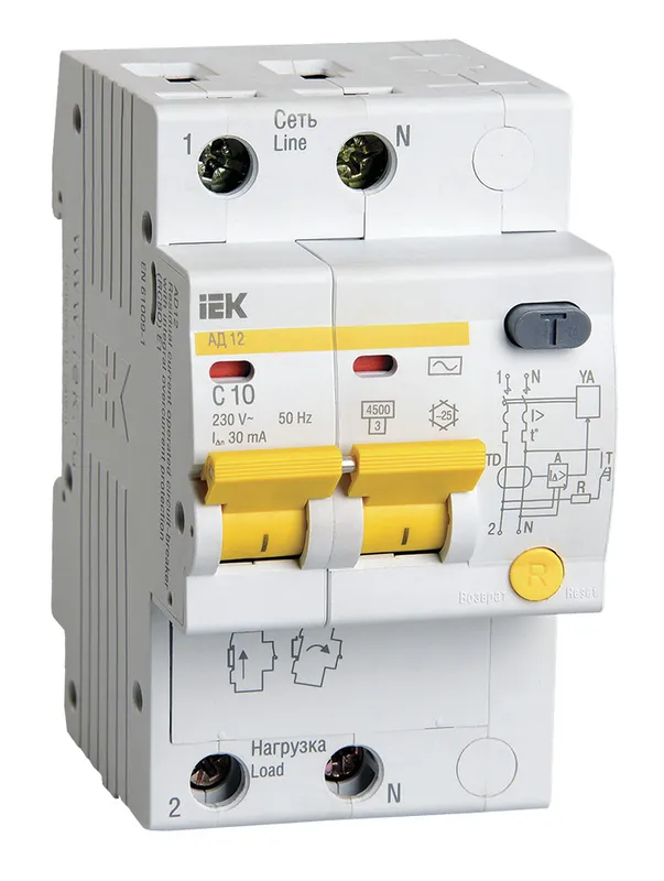 Выключатель автом. дифф. тока IEK MAD10-2-010-C-030 АД12 10A тип C 4.5kA 30мА AC 2П 230В 3мод белый (упак.:1шт)
