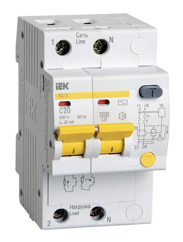 Выключатель автом. дифф. тока IEK MAD10-2-020-C-030 АД12 20A тип C 4.5kA 30мА AC 2П 230В 3мод белый (упак.:1шт)