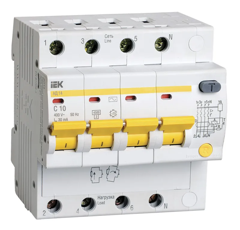 Выключатель автом. дифф. тока IEK MAD10-4-010-C-030 АД14 10A тип C 4.5kA 30мА AC 4П 400В 5мод белый (упак.:1шт)