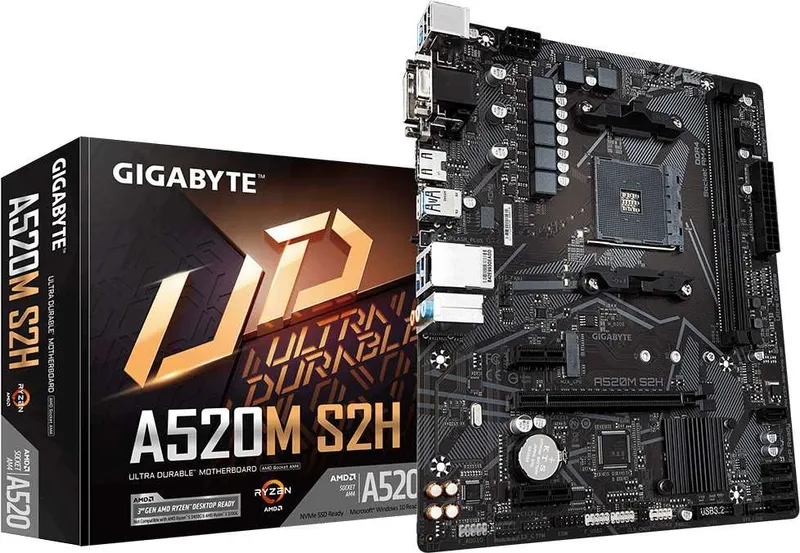 Мат. плата GIGABYTE A520M S2H, AM4, A520, 2*DDR4, D-Sub+DVI-D+HDMI,  4 SATA 6 Гб/с, M2, Audio, Gb LAN, USB 3.2, USB 2.0, COM*1 header, mATX