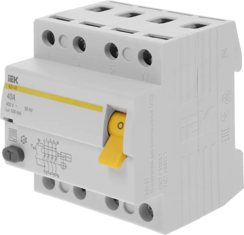 Выключатель дифф.тока УЗО IEK MDV10-4-040-100 ВД1-63 40A 100мА AC 4П 400В 4мод белый (упак.:1шт)