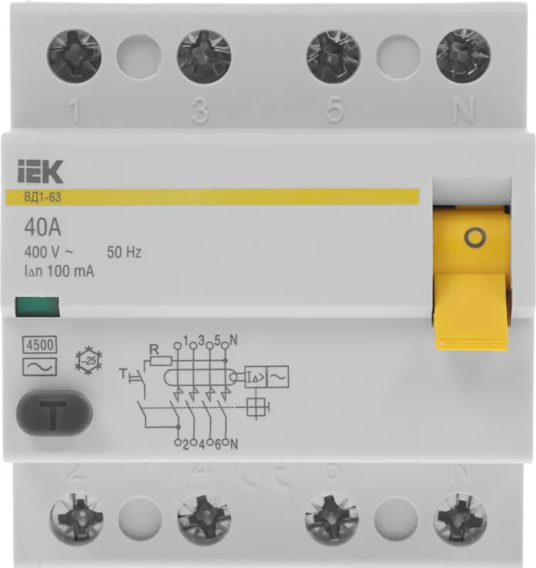 Выключатель дифф.тока УЗО IEK MDV10-4-040-100 ВД1-63 40A 100мА AC 4П 400В 4мод белый (упак.:1шт)