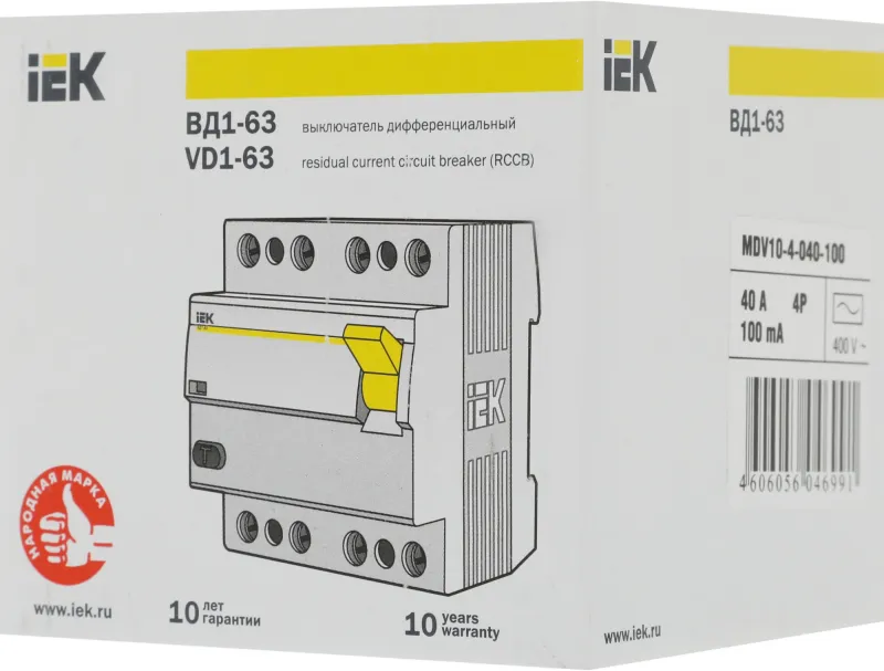 Выключатель дифф.тока УЗО IEK MDV10-4-040-100 ВД1-63 40A 100мА AC 4П 400В 4мод белый (упак.:1шт)