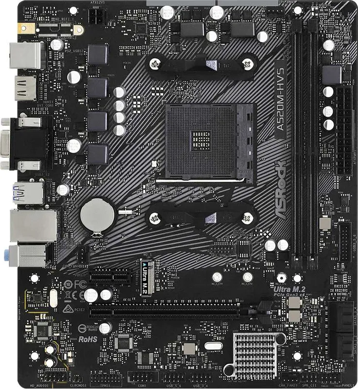 Материнская плата ASROCK A520M-HVS, AM4, A520, 2*DDR4, D-Sub+HDMI, 4xSATA3 6.0 (RAID), M.2 Socket, 4xUSB 3.2,  2xUSB 2.0, mATX; 90-MXBE60-A0UAYZ