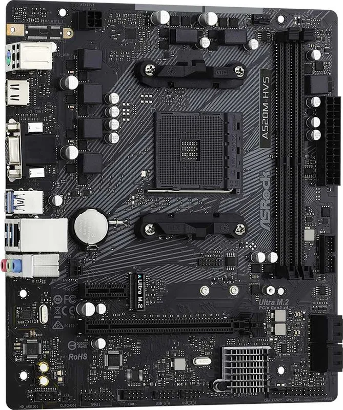 Материнская плата ASROCK A520M-HVS, AM4, A520, 2*DDR4, D-Sub+HDMI, 4xSATA3 6.0 (RAID), M.2 Socket, 4xUSB 3.2,  2xUSB 2.0, mATX; 90-MXBE60-A0UAYZ