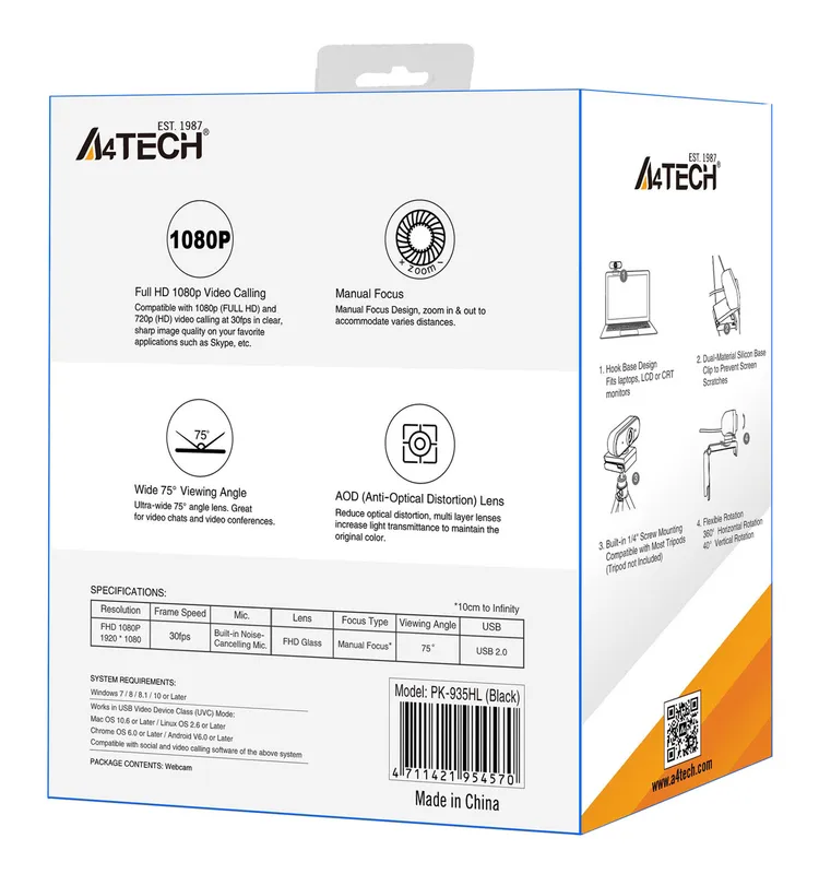 Камера Web A4Tech PK-935HL черный 2Mpix (1920x1080) USB2.0 с микрофоном