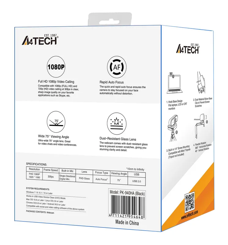 Камера Web A4Tech PK-940HA черный 2Mpix (1920x1080) USB2.0 с микрофоном