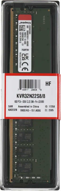 Оперативная память Kingston DDR4   8GB  3200MHz DIMM CL22 1RX8 1.2V 288-pin 8Gbit