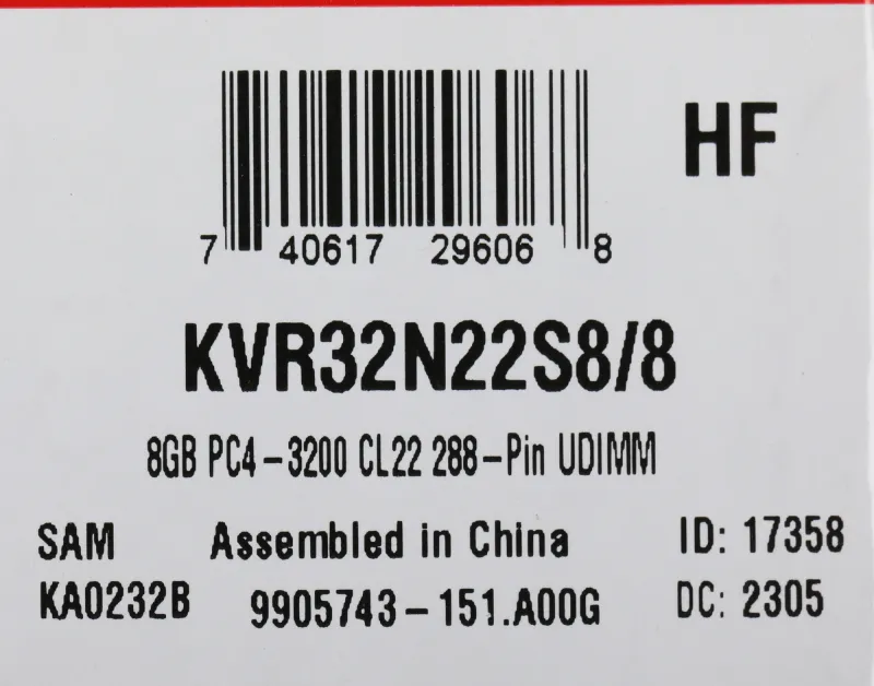Оперативная память Kingston DDR4   8GB  3200MHz DIMM CL22 1RX8 1.2V 288-pin 8Gbit
