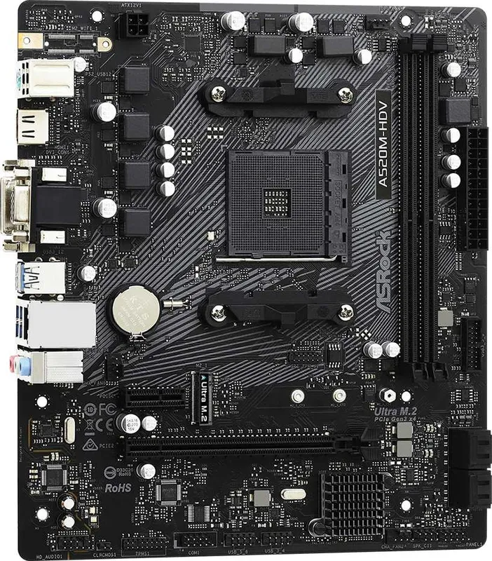 Материнская плата ASROCK A520M-HDV, AM4, A520, 2*DDR4, D-Sub+DVI-D+HDMI, 4xSATA3 6.0 (RAID), M.2 Socket, 4xUSB 3.2, 2xUSB 2.0, mATX; 90-MXBE50-A0UAYZ