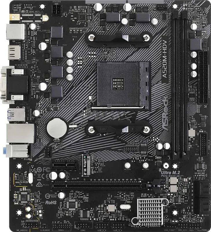 Материнская плата ASROCK A520M-HDV, AM4, A520, 2*DDR4, D-Sub+DVI-D+HDMI, 4xSATA3 6.0 (RAID), M.2 Socket, 4xUSB 3.2, 2xUSB 2.0, mATX; 90-MXBE50-A0UAYZ