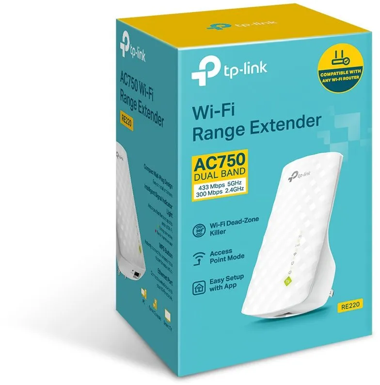 TP-Link RE220, AC750 Усилитель Wi-Fi сигнала, до 300 Мбит/с на 2,4 ГГц + до 433 Мбит/с на 5 ГГц, 3 встр. антенны, 1 порт 10/100 Мбит/с, подключение к настенной розетке