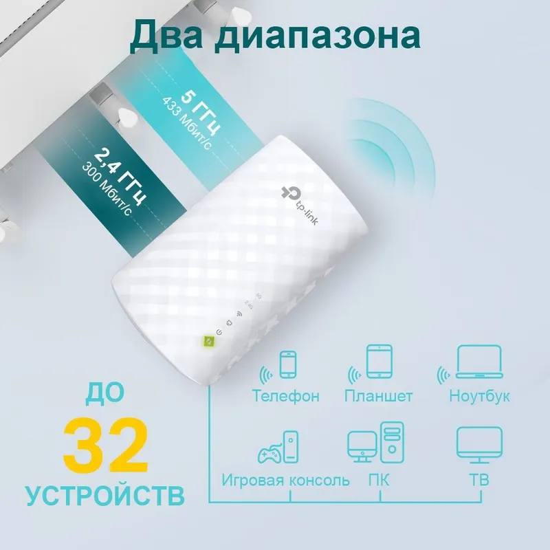 TP-Link RE220, AC750 Усилитель Wi-Fi сигнала, до 300 Мбит/с на 2,4 ГГц + до 433 Мбит/с на 5 ГГц, 3 встр. антенны, 1 порт 10/100 Мбит/с, подключение к настенной розетке
