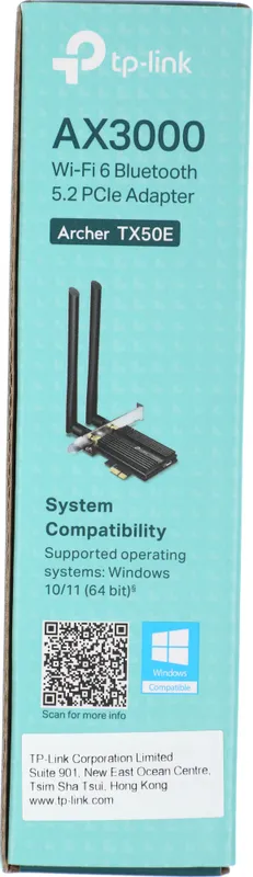 TP-Link Archer TX50E, AX3000 Двухдиапазонный Wi-Fi 6 Bluetooth 5.0 адаптер PCI Express, до 574 Мбит/с на 2,4 ГГц + до 2402 Мбит/с на 5 ГГц, 2 антенны с высоким коэф. усиления
