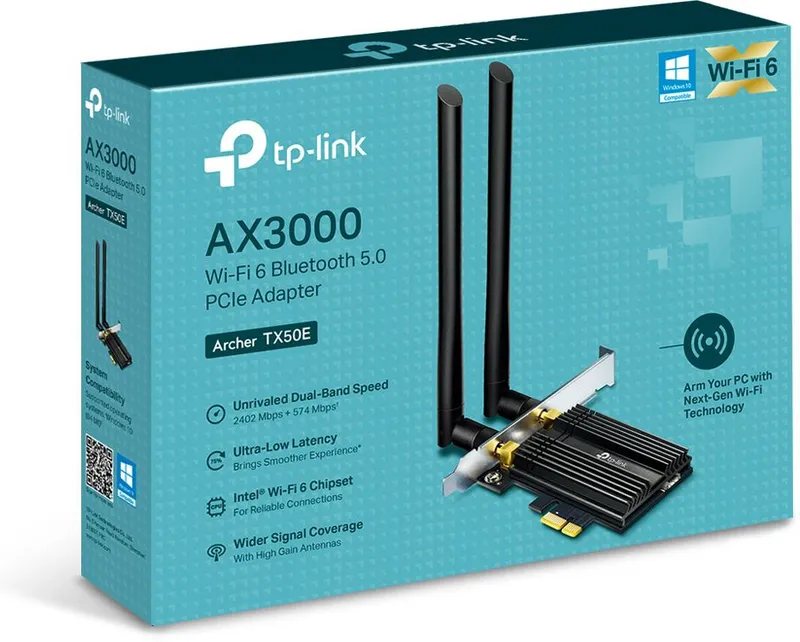 TP-Link Archer TX50E, AX3000 Двухдиапазонный Wi-Fi 6 Bluetooth 5.0 адаптер PCI Express, до 574 Мбит/с на 2,4 ГГц + до 2402 Мбит/с на 5 ГГц, 2 антенны с высоким коэф. усиления