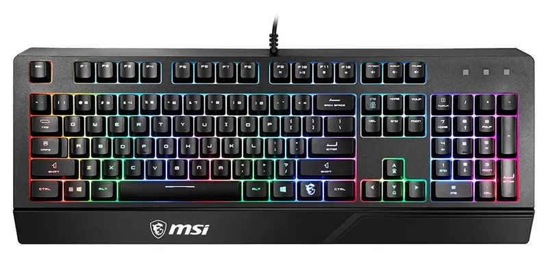 Gaming Keyboard MSI VIGOR GK20, Wired, membrane Keyboard with ergonomic keycaps and wrist rest.  12 Key Anti-ghosting Capability. Water Resistant (spill-proof), Static multi-colour backlighting, Black