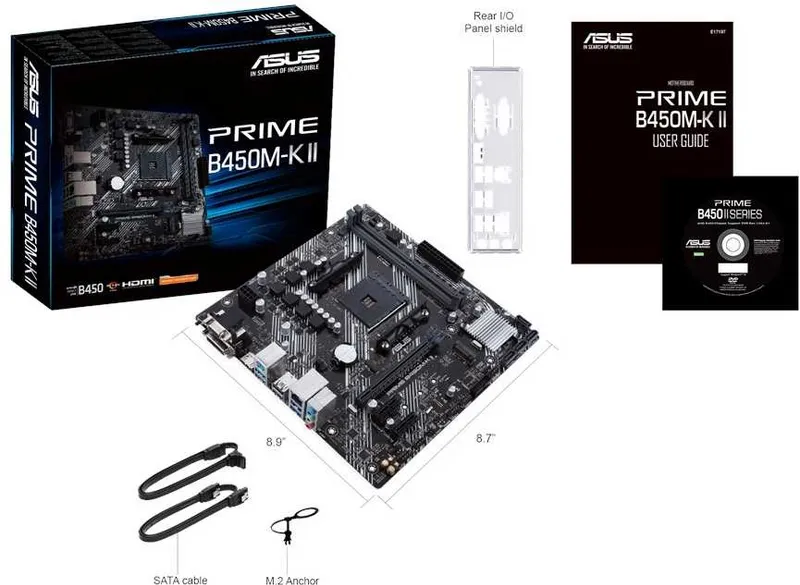 Материнская палата ASUS PRIME B450M-K II, Socket AM4, B450, 2*DDR4, D-Sub+DVI+HDMI, SATA3 + RAID, Audio, Gb LAN, USB 3.2*6, USB 2.0*6, COM*1 header (w/o cable), mATX ; 90MB1600-M0EAY0, 3 year
