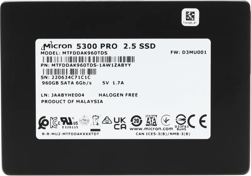 Накопитель SSD Crucial SATA-III 960GB MTFDDAK960TDS-1AW1ZABYY Micron 5300PRO 2.5"