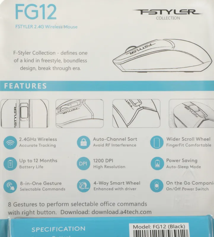 Мышь A4Tech Fstyler FG12 черный оптическая (1200dpi) беспроводная USB (3but)