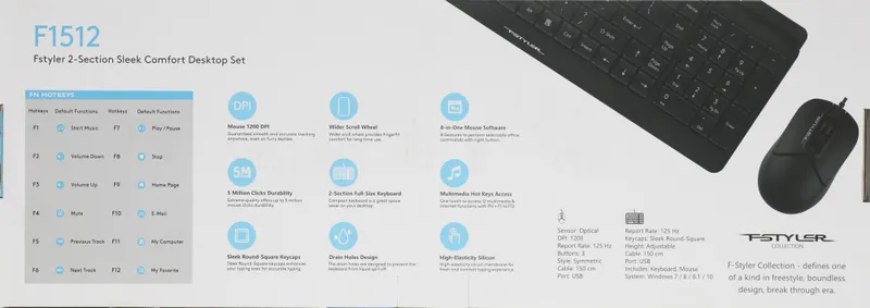 Клавиатура + мышь A4Tech Fstyler F1512 клав:черный мышь:черный USB (F1512 BLACK)