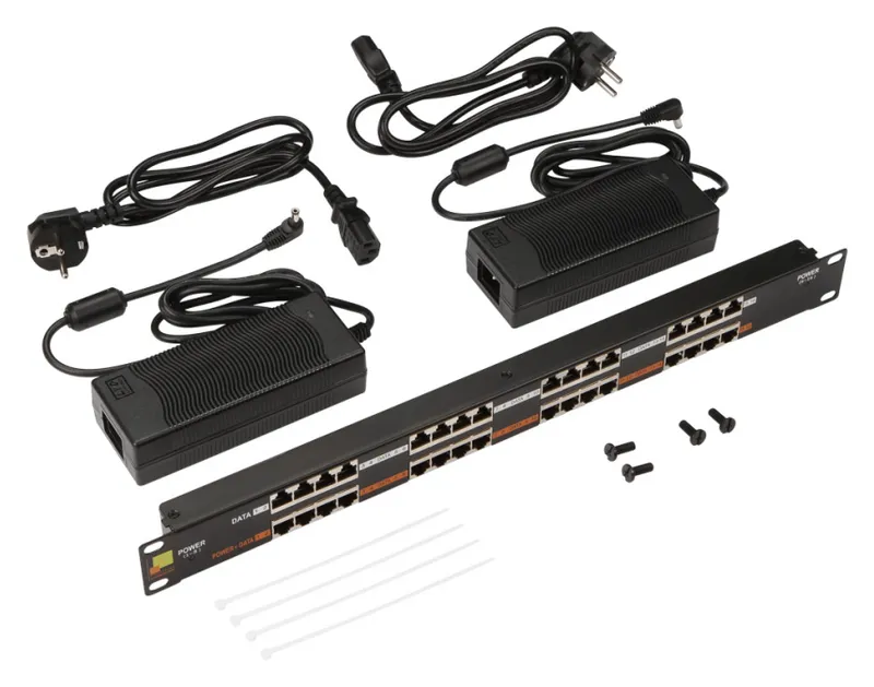 Панель POE 19", 16 портов, с двумя блоками питания 48V, 120W