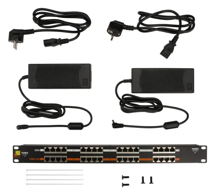 Панель POE 19", 16 портов, с двумя блоками питания 48V, 120W